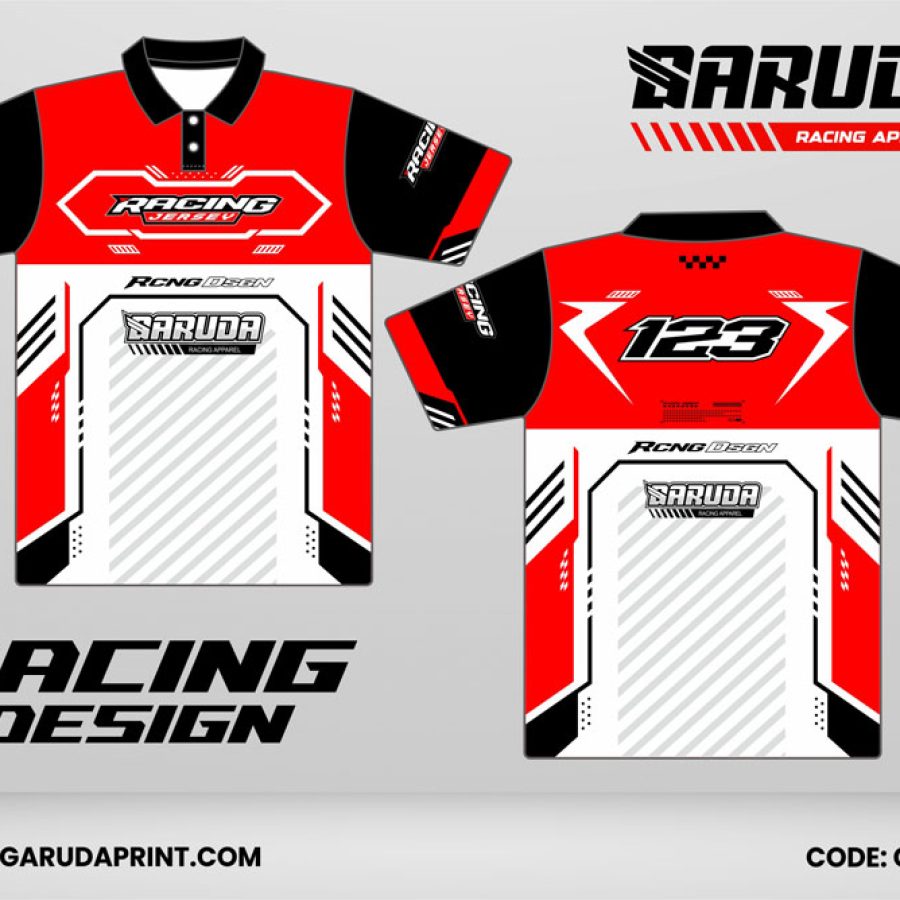 Jersey Racing GRC-26 Merah dengan Panel Putih Ice, Aksen Hitam Solid, dan Motif Garis Diagonal Modern