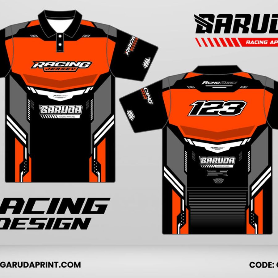 Jersey Racing GRC-27 Hitam–Oranye Safety dengan Panel V-Shield, Aksen Silver Teknis, dan Motif Garis Gradasi Speed