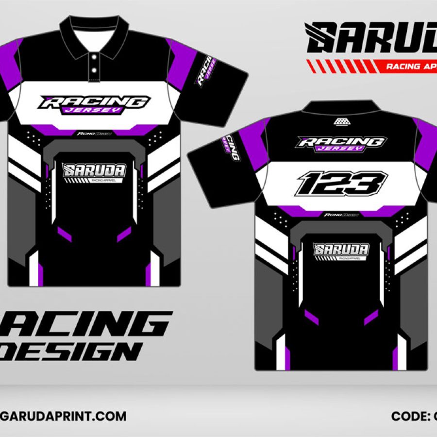 Jersey Racing GRC-28 Hitam–Putih dengan Aksen Ungu Neon, Panel Geometris Futuristik, dan Motif Tech Racing Modern