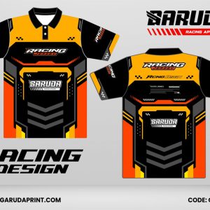 Jersey Racing GRC-29 Hitam–Kuning Amber dengan Aksen Oranye Flame, Panel Armor Futuristik, dan Motif Chevron Speed