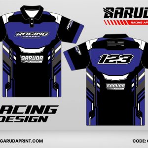 Jersey Racing GRC-31 Hitam–Biru Indigo dengan Panel Armor Modern, Aksen Abu Metalik, dan Motif Garis Tech Racing