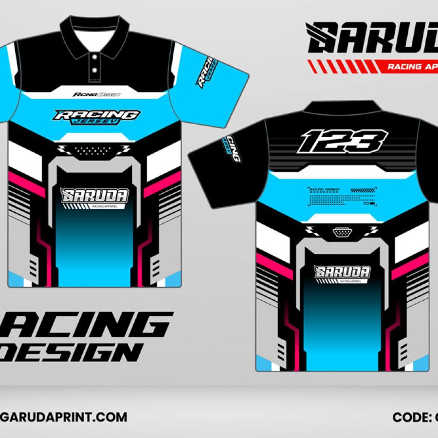 Jersey Racing GRC-32 Hitam–Cyan Electric dengan Gradasi Biru Aqua, Aksen Pink Neon, dan Panel Tech Armor Modern