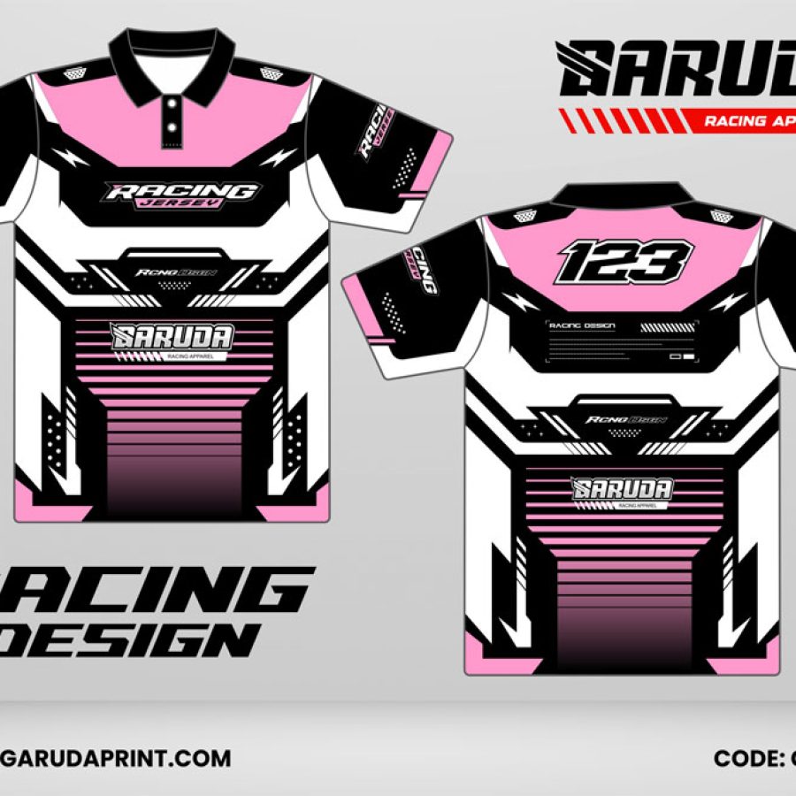 Jersey Racing GRC-33 Hitam–Putih dengan Pink Blossom Gradient, Aksen Lightning Strike, dan Panel Tech Futuristik