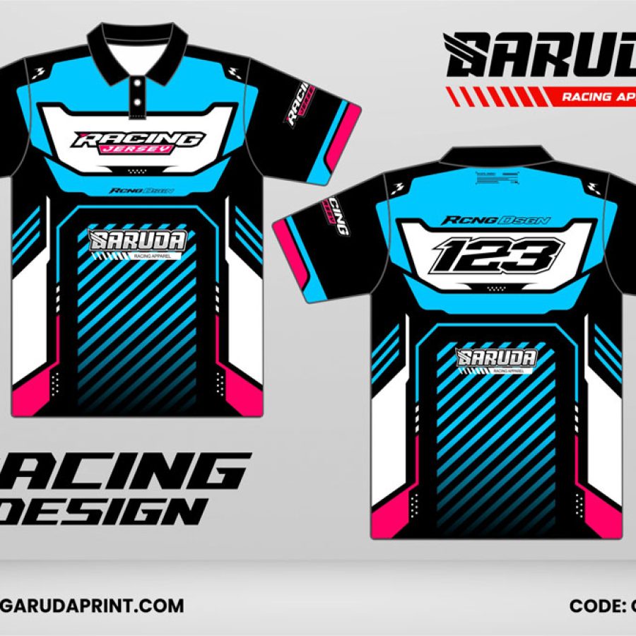 Jersey Racing GRC-34 Hitam– Biru Cyan Bright dengan Panel Putih Clean, Aksen Pink Neon, dan Motif Stripe Diagonal Speed