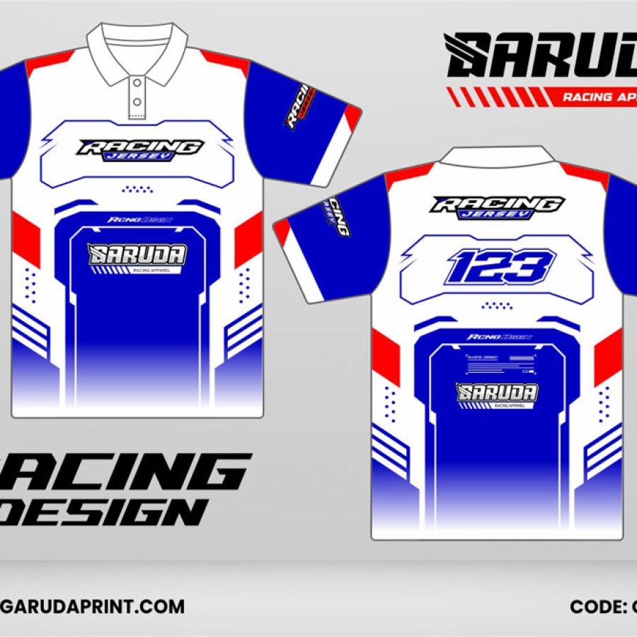 Jersey Racing GRC-37 Putih–Biru Royal dengan Aksen Merah Signal, Gradasi Smooth Fade, dan Panel Tech Racing Clean