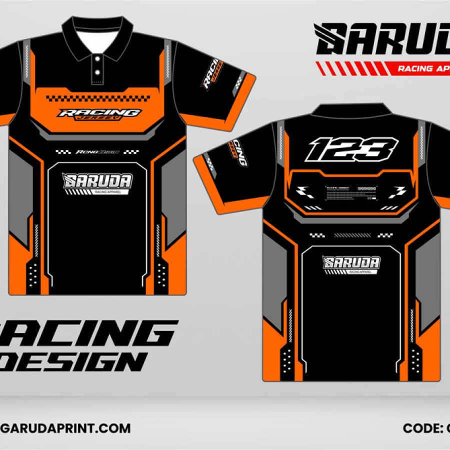 Jersey Racing GRC-38 Hitam–Oranye Neon dengan Panel Frame Armor, Aksen Abu Industrial, dan Motif Tech Racing Presisi