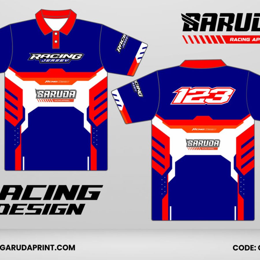 Jersey Racing GRC-39 Biru Royal–Putih dengan Aksen Merah Crimson, Panel Racing Simetris, dan Motif Stripe Dinamis