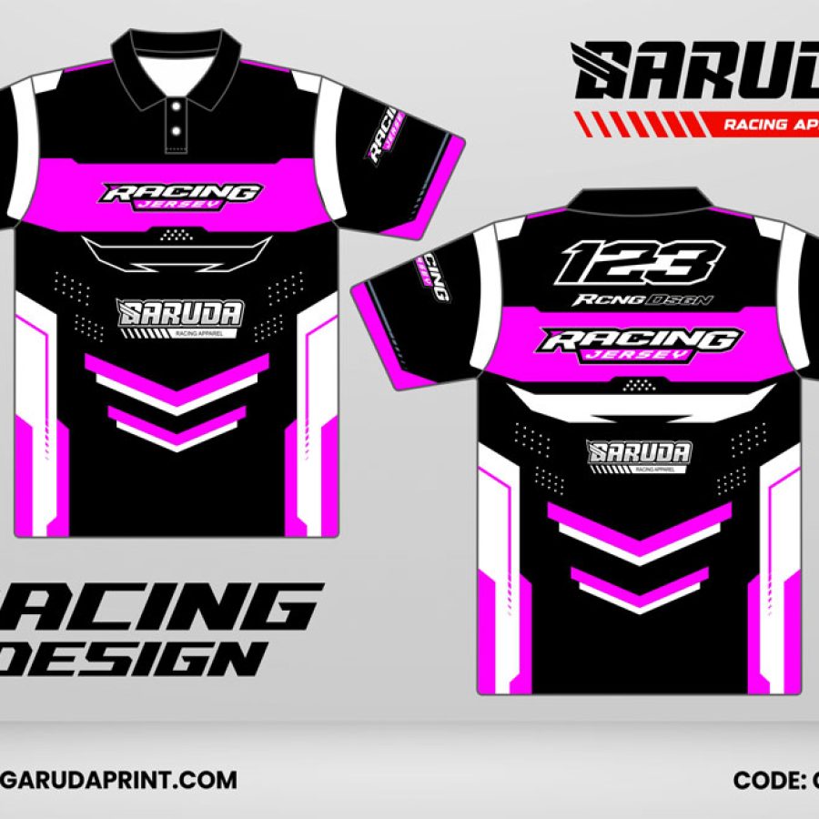 Jersey Racing GRC-40 Hitam–Magenta Neon dengan Panel V-Chevron, Aksen Silver Clean, dan Motif Tech Racing Bold