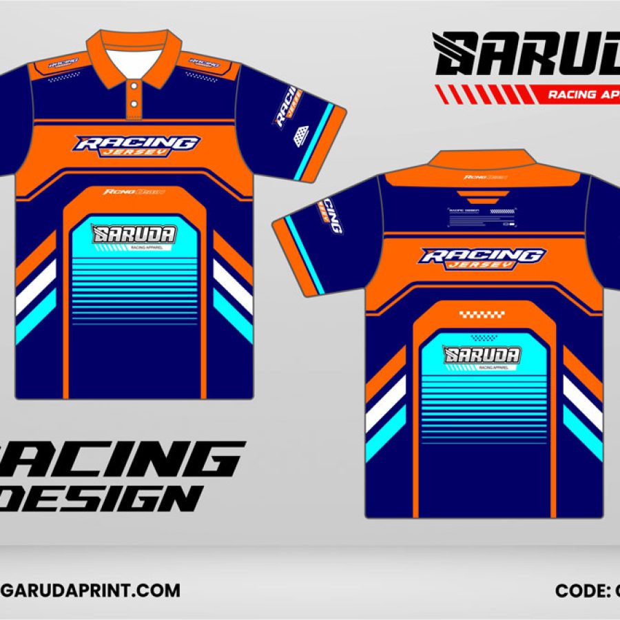 Jersey Racing GRC-45 Biru Navy–Oranye Bright dengan Aksen Cyan Aqua, Panel Frame Racing, dan Motif Garis Gradient Speed