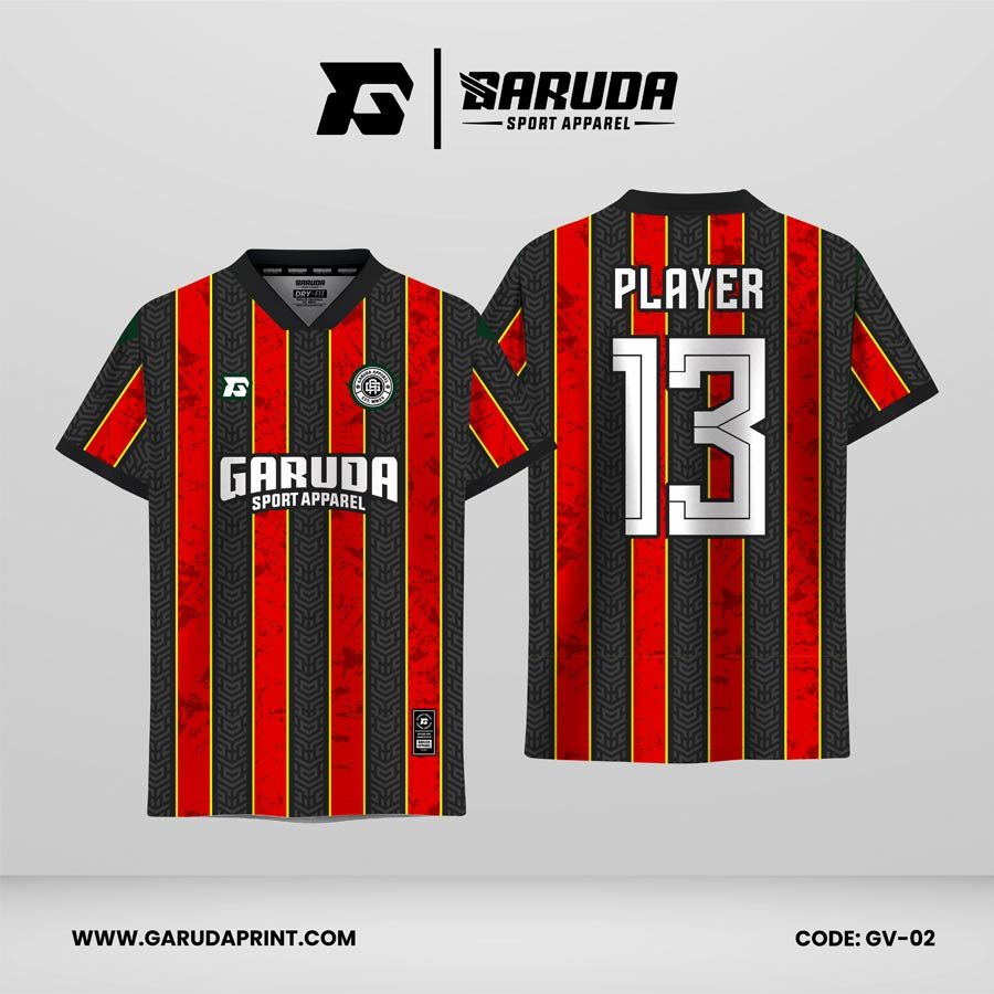Jersey Retro GV-02 Merah Crimson–Hitam dengan Motif Stripe Klasik dan Tekstur Grunge, Desain Bold untuk Jersey Berkarakter