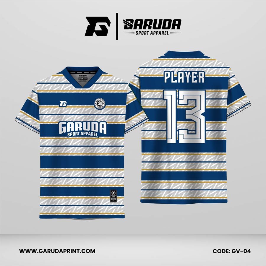 Jersey Retro GV-04 Biru Navy–Putih dengan Motif Stripe Horizontal dan Pattern Subtle, Desain Clean Klasik Modern