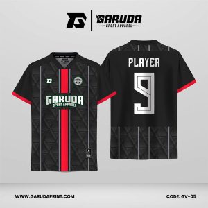 Jersey Retro GV-05 Hitam Carbon–Merah dengan Motif Stripe Tengah dan Pattern Geometris, Desain Bold Modern yang Elegan