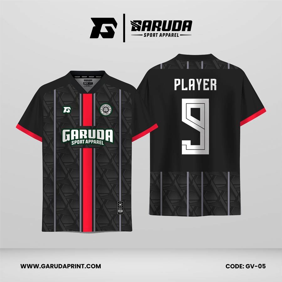 Jersey Retro GV-05 Hitam Carbon–Merah dengan Motif Stripe Tengah dan Pattern Geometris, Desain Bold Modern yang Elegan