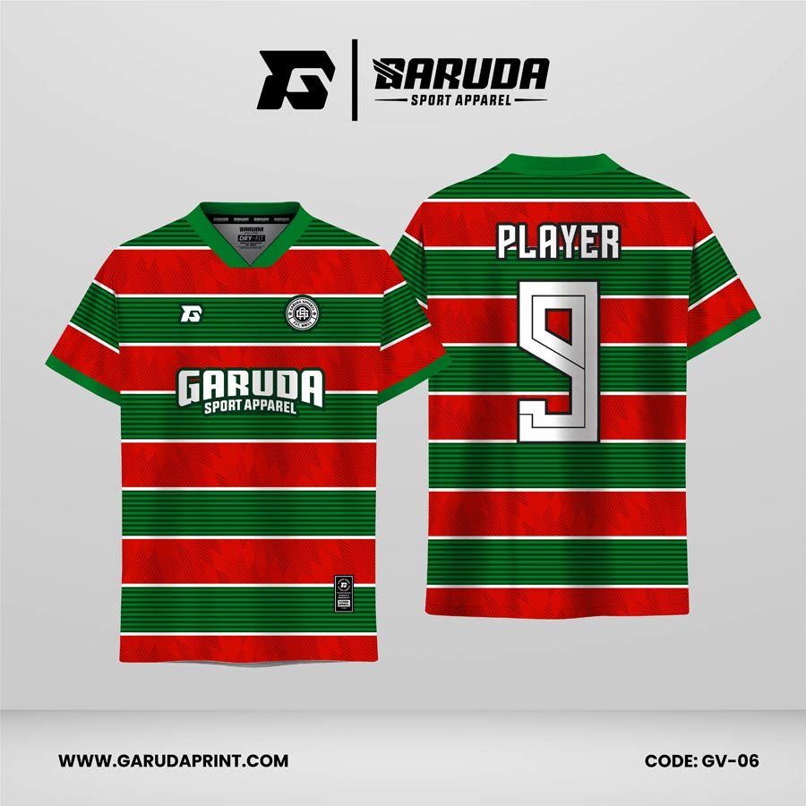 Jersey Retro GV-06 Merah–Hijau dengan Motif Stripe Horizontal dan Pattern Subtle, Desain Klasik Berani dengan Nuansa Old School