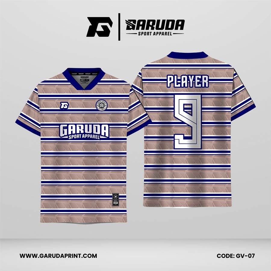 Jersey Retro GV-07 Cokelat Susu, Biru Royal dengan Motif Stripe Horizontal dan Pattern Geometris, Desain Klasik Clean yang Elegan