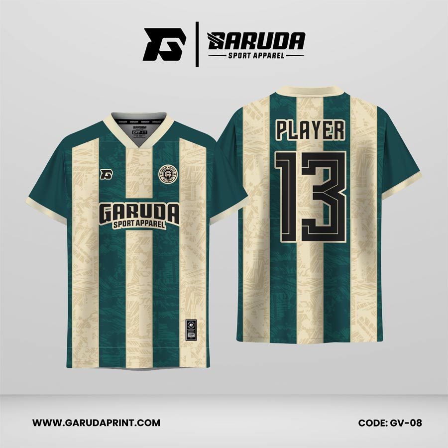 Jersey Retro GV-08 Hijau Tosca–Krem dengan Motif Stripe Vertikal dan Pattern Artistik, Desain Klasik Elegan dengan Sentuhan Modern