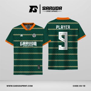 Jersey Retro GV-10 Hijau Tua–Oranye dengan Motif Stripe Horizontal Tipis dan Pattern Checker Halus, Desain Klasik Sporty yang Unik