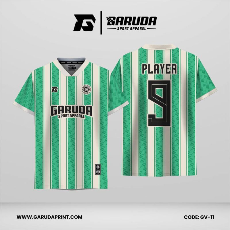 Jersey Retro GV-11 Hijau Mint–Krem dengan Motif Stripe Vertikal dan Pattern Brush Stroke, Desain Klasik Fresh yang Ringan