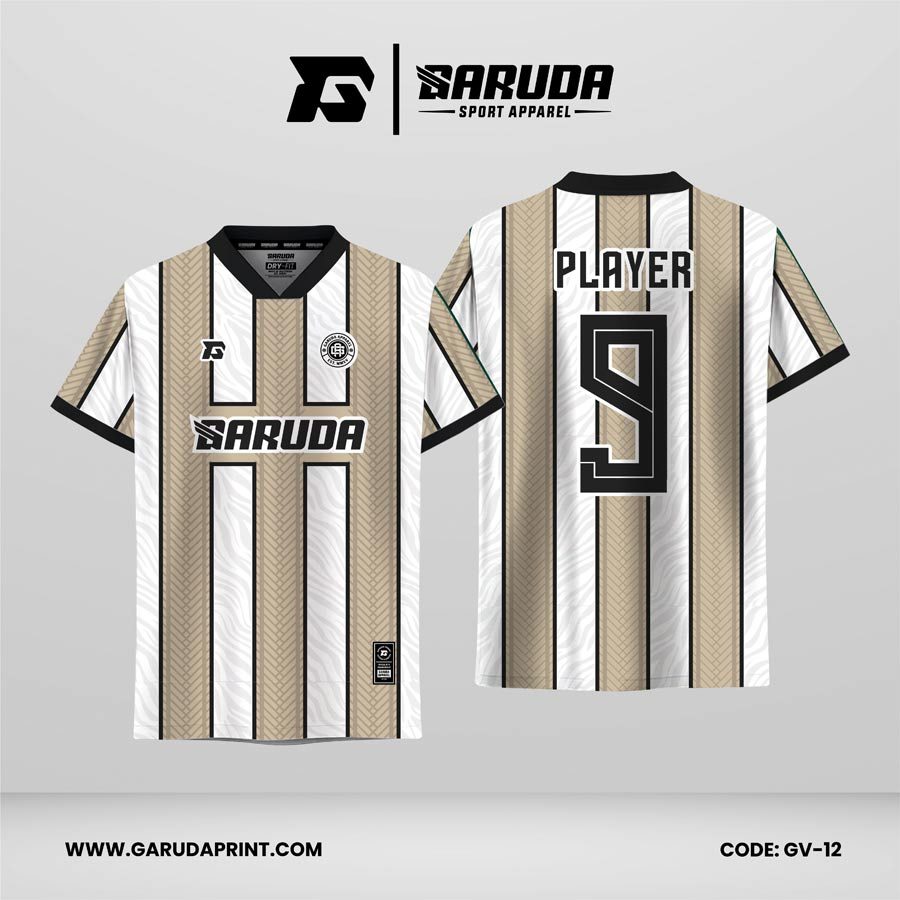 Jersey Retro GV-12 Putih–Cokelat Krem dengan Motif Stripe Vertikal dan Pattern Tekstur Organik, Desain Klasik Natural yang Elegan