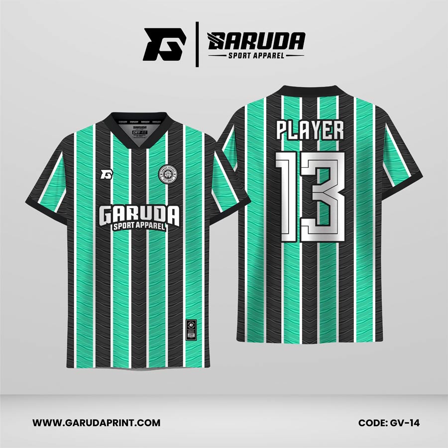 Desain Jersey Vintage Hitam–Hijau Tosca dengan Motif Stripe Vertikal dan Pattern Tekstur Gelombang, Desain Klasik Modern yang Dinamis