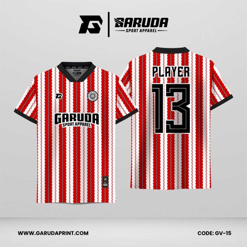 Jersey Retro GV-15 Merah–Putih dengan Motif Stripe Vertikal Zigzag dan Pattern Dinamis, Desain Klasik Unik yang Berani