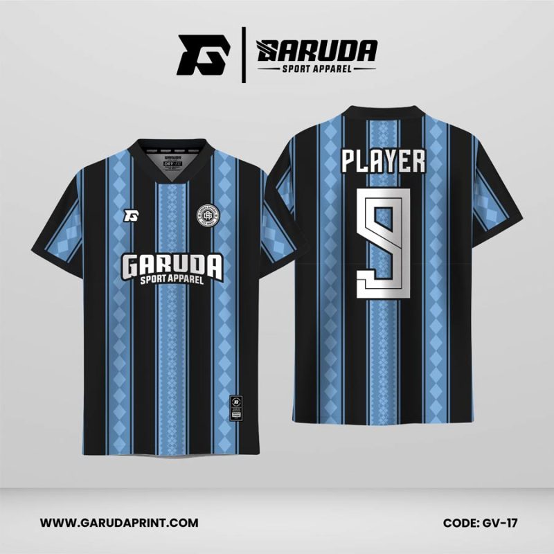 Jersey Retro GV-17 Hitam–Biru Langit dengan Motif Stripe Vertikal dan Pattern Diamond, Desain Klasik Elegan yang Modern