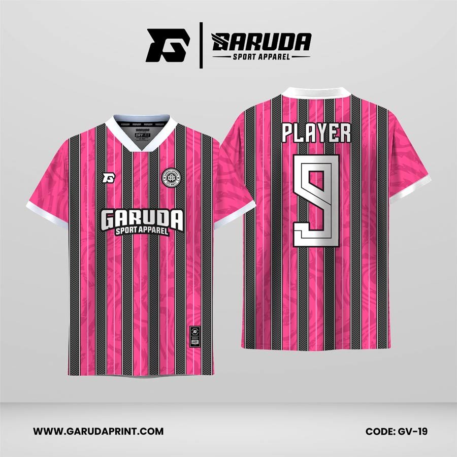 Jersey Retro GV-19 Pink–Hitam dengan Stripe Vertikal dan Motif Tekstur Dinamis, Desain Klasik yang Lebih Fresh