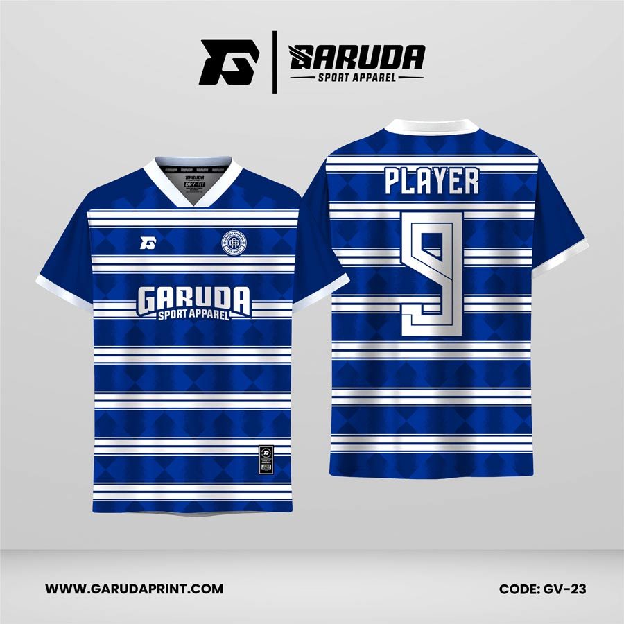 Jersey Retro GV-23 Biru Royal dengan Stripe Horizontal Putih dan Motif Argyle Halus