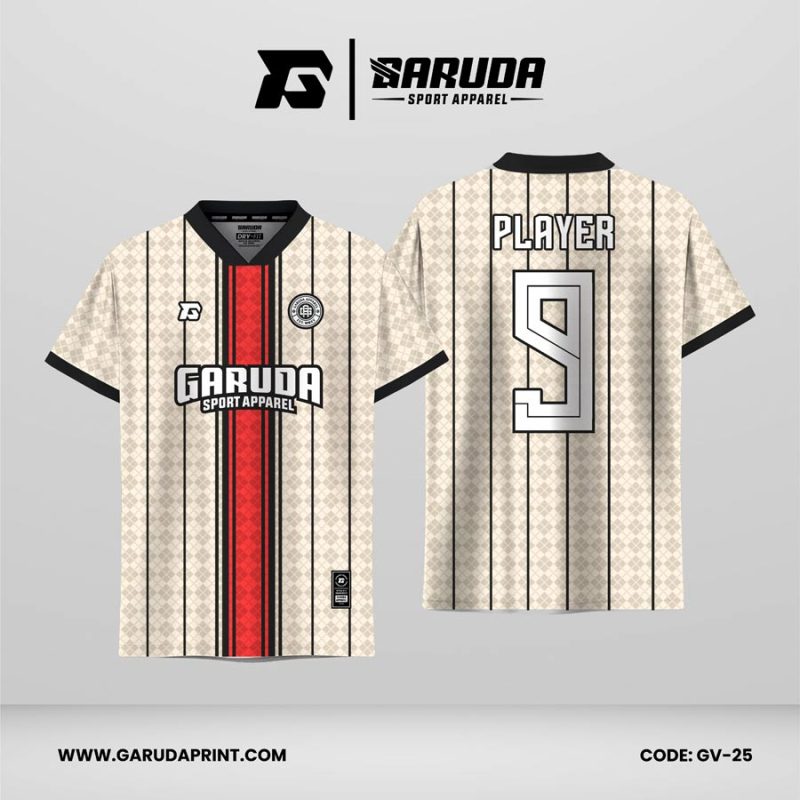 Jersey Retro GV-25 Krem Elegan dengan Pinstripe Vertikal, Motif Diamond Grid, dan Aksen Tengah Bold
