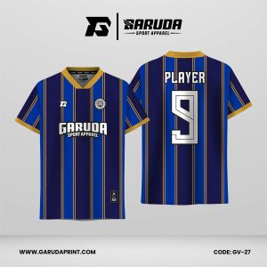 Jersey Retro GV-27 Biru Royal–Emas dengan Stripe Vertikal dan Motif Geometris Simetris Bergaya Etnik Modern