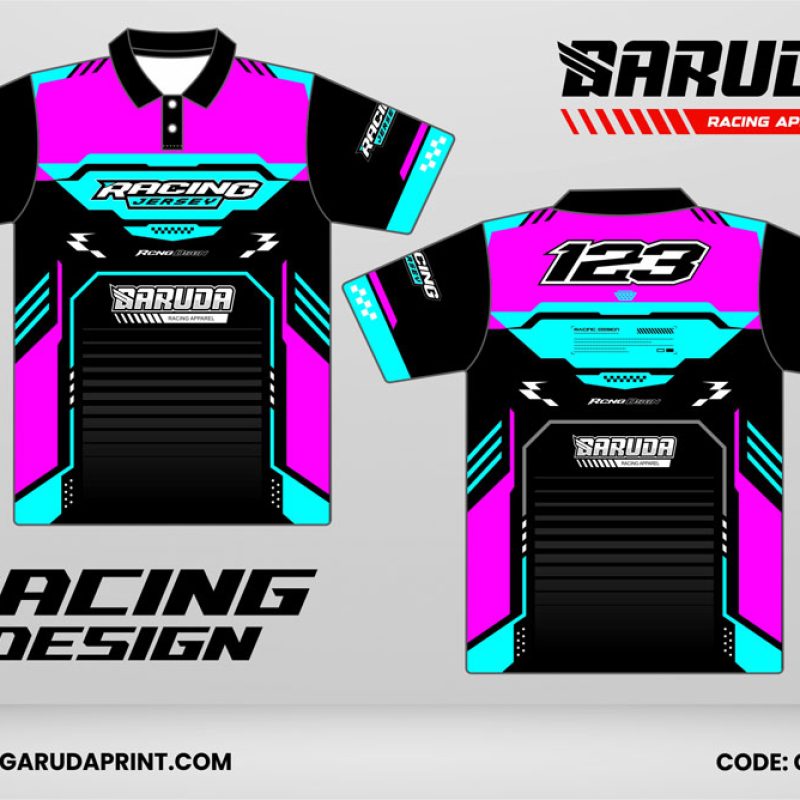 Jersey Racing GRC-41 Hitam–Magenta Electric dengan Aksen Cyan Neon, Panel Tech Frame, dan Motif Garis Speed Gradient