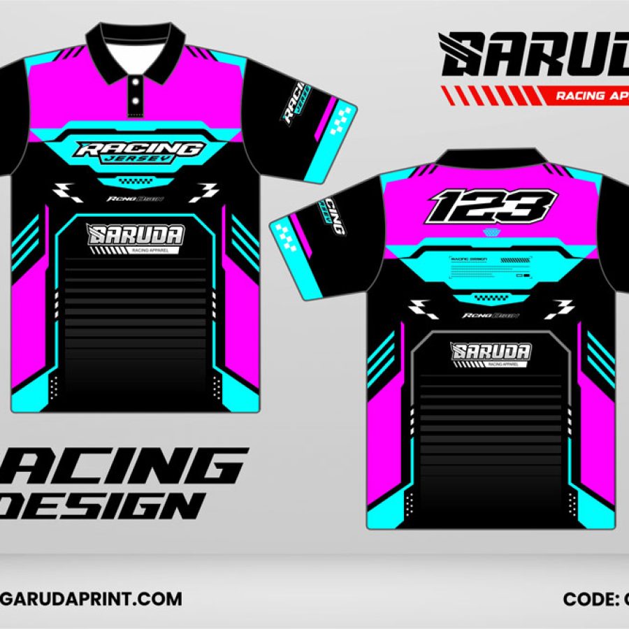 Jersey Racing GRC-41 Hitam–Magenta Electric dengan Aksen Cyan Neon, Panel Tech Frame, dan Motif Garis Speed Gradient