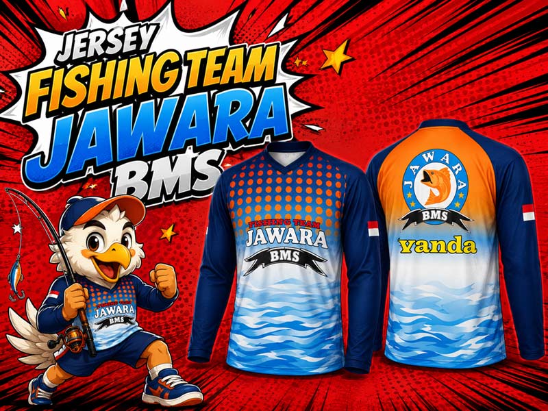 Jersey Fishing Team Jawara BMS Tampil Cerah dengan Desain Biru dan Oranye