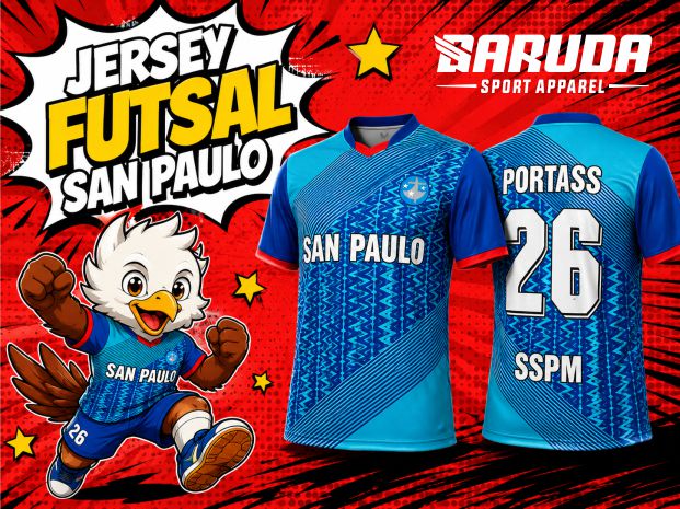 Jersey Futsal San Paulo Tampil Segar dengan Motif Biru Tosca dan Detail Merah