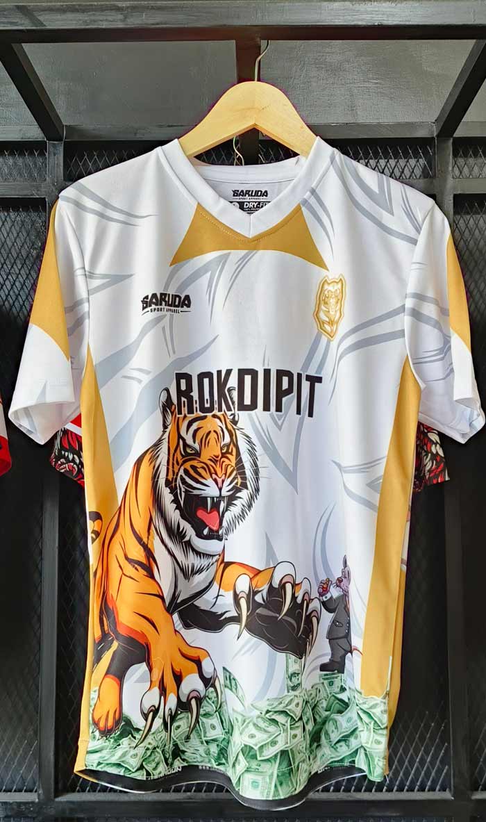 Jersey Rok Dipit Kombinasi Putih dan Kuning dengan Ilustrasi Harimau