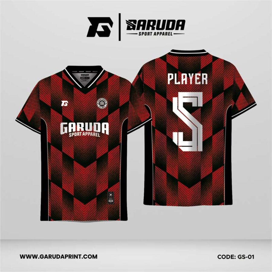 Jersey Futsal GS-01 Merah Tua Hitam Motif Chevron Geometris Tegas dan Sporty