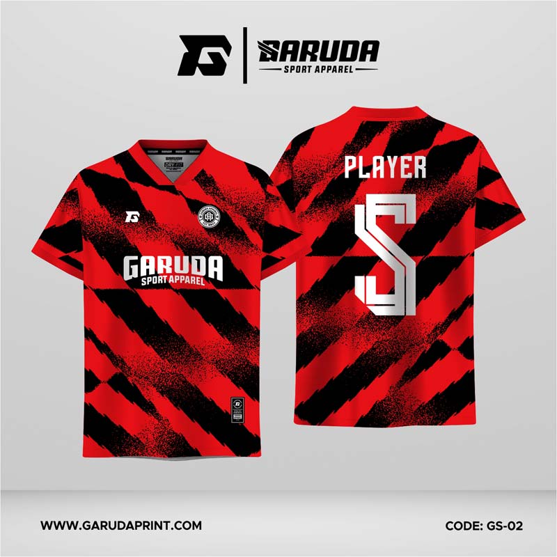 Jersey Futsal GS-02 Merah Hitam Motif Brush Diagonal Agresif dan ModernJersey Futsal GS-02 Merah Hitam Motif Brush Diagonal Agresif dan Modern