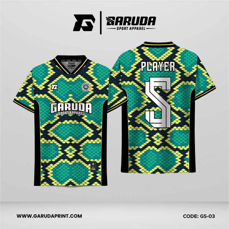 Jersey Futsal GS-03 Hijau Toska Kuning Hitam Motif Sisik Python Geometris Berlapis