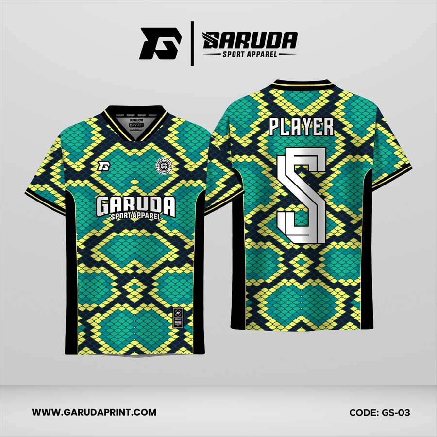 Jersey Futsal GS-03 Hijau Toska Kuning Hitam Motif Sisik Python Geometris Berlapis