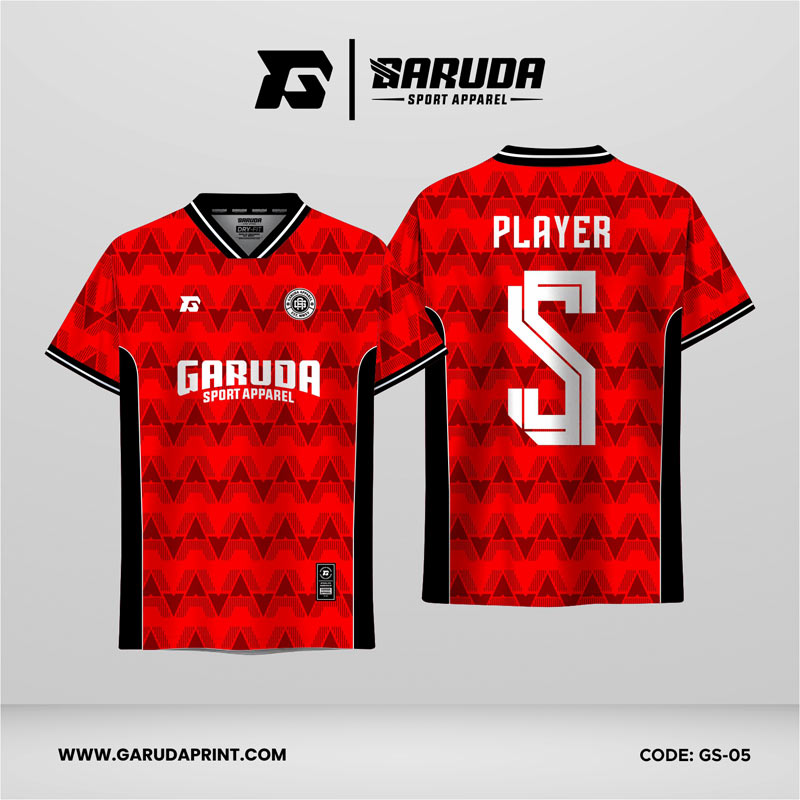 Jersey Futsal GS-05 Merah Hitam Motif Segitiga A-Line Berulang dengan Tekstur Garis Halus
