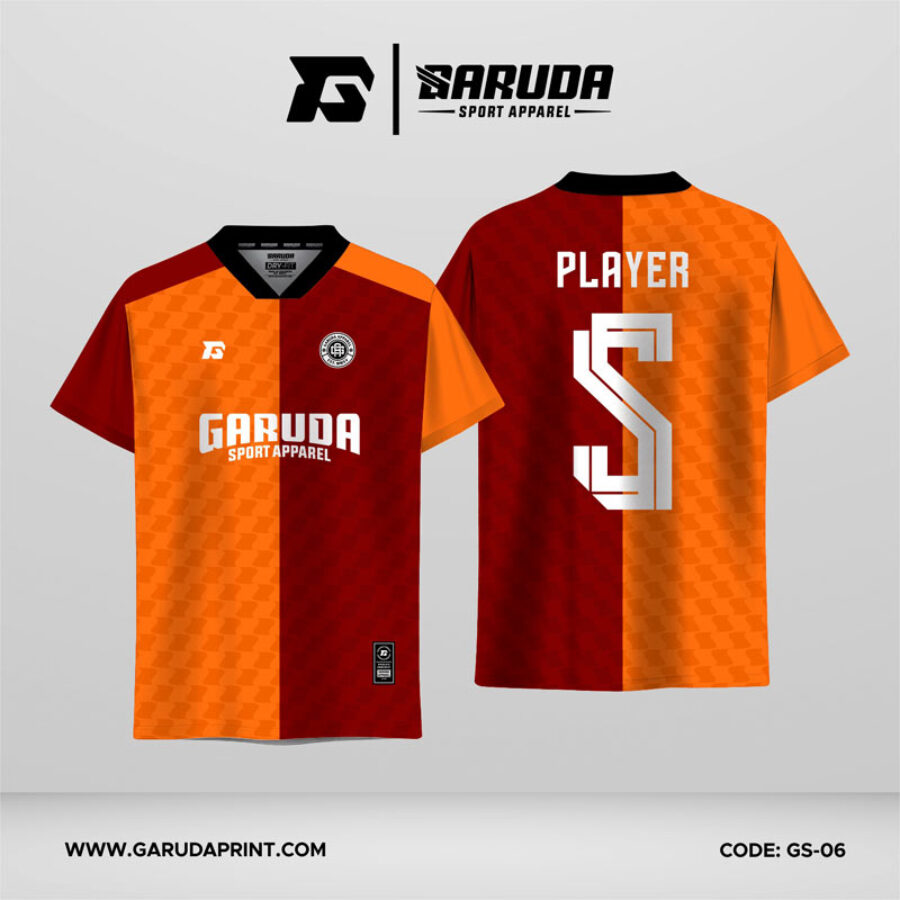 Jersey Futsal GS-06 Orange Merah Maroon Motif Split Vertikal dengan Micro Pattern Geometris Tone-on-Tone