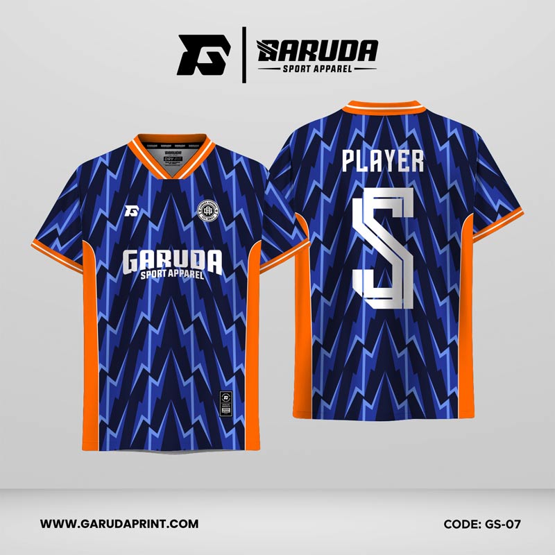 Jersey Futsal GS-07 Navy Biru Orange Motif Kilat Vertikal Berlapis yang Enerjik