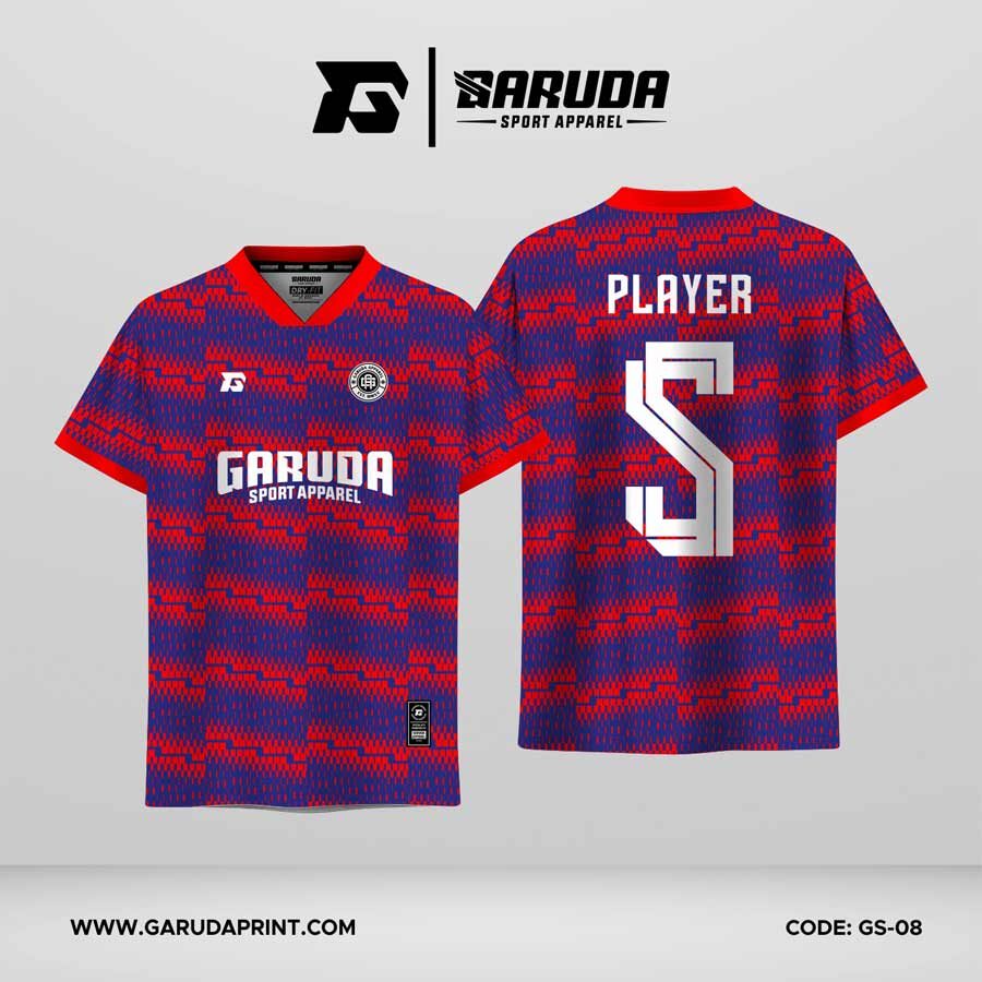 Jersey Futsal GS-08 Biru Merah Motif Digital Zigzag Pixel yang Padat dan Berani