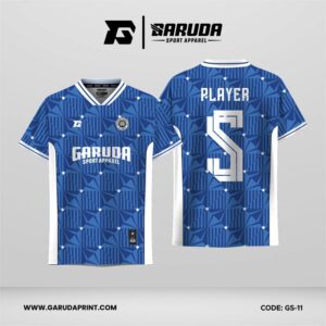 Jersey Futsal GS-11 Biru Putih Motif Panel Geometris Kotak-Diagonal dengan Titik Simpul Putih
