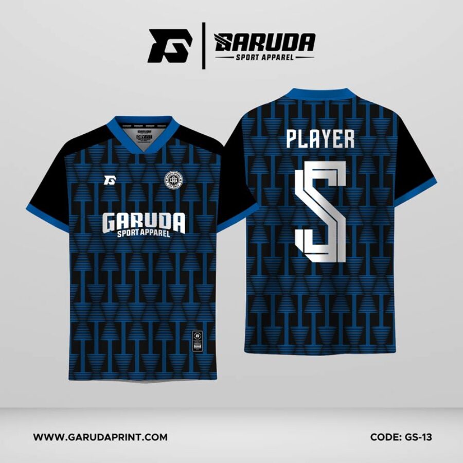 Jersey Futsal GS-13 Hitam Biru Motif Jam Pasir Geometris dengan Garis Horizontal Berlapis