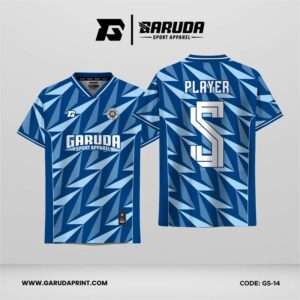Jersey Futsal GS-14 Biru Putih Motif Segitiga Diagonal Berlapis dengan Efek Gerak Tajam