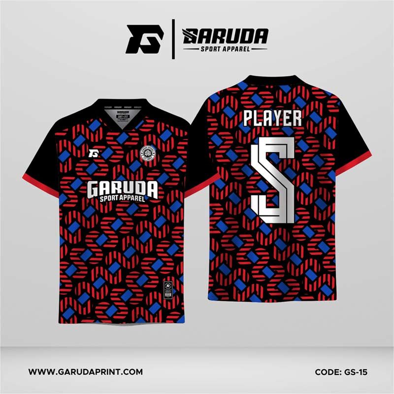 Jersey Futsal GS-15 Hitam Merah Biru Motif Ulir Terputus dengan Aksen Blok Biru Miring