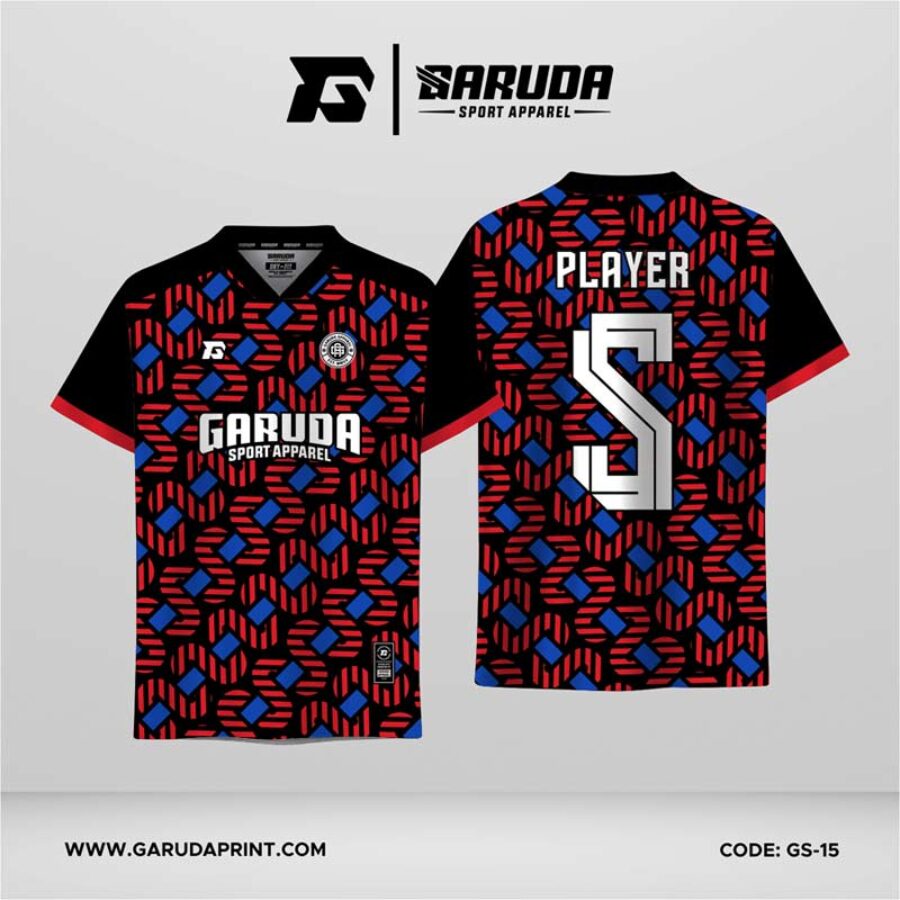 Jersey Futsal GS-15 Hitam Merah Biru Motif Ulir Terputus dengan Aksen Blok Biru Miring