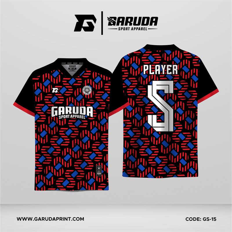 Jersey Futsal GS-15 Hitam Merah Biru Motif Ulir Terputus dengan Aksen Blok Biru Miring