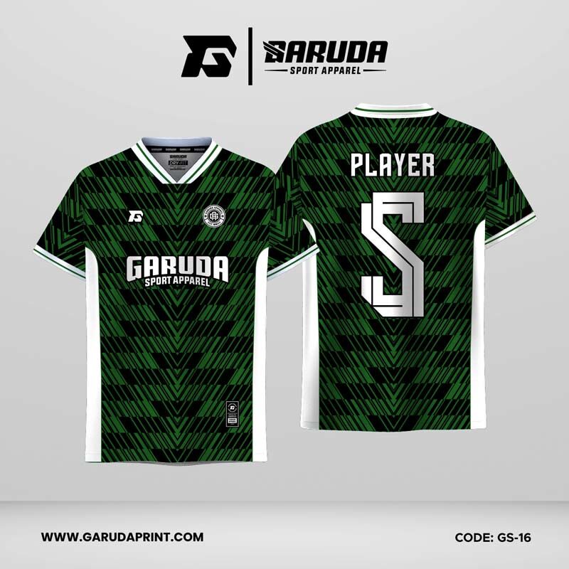 Jersey Futsal GS-16 Hitam Hijau Putih Motif Garis V Bertingkat seperti Tulang Daun